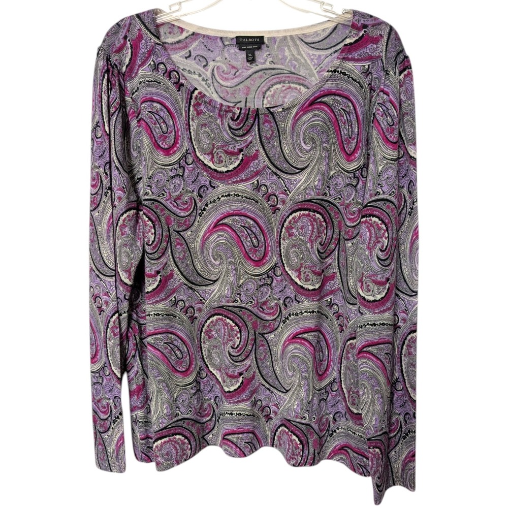 Talbots Pure Merino Wool Paisley‎ Sweater Womens Purple Pink Long Sleeve Top XL